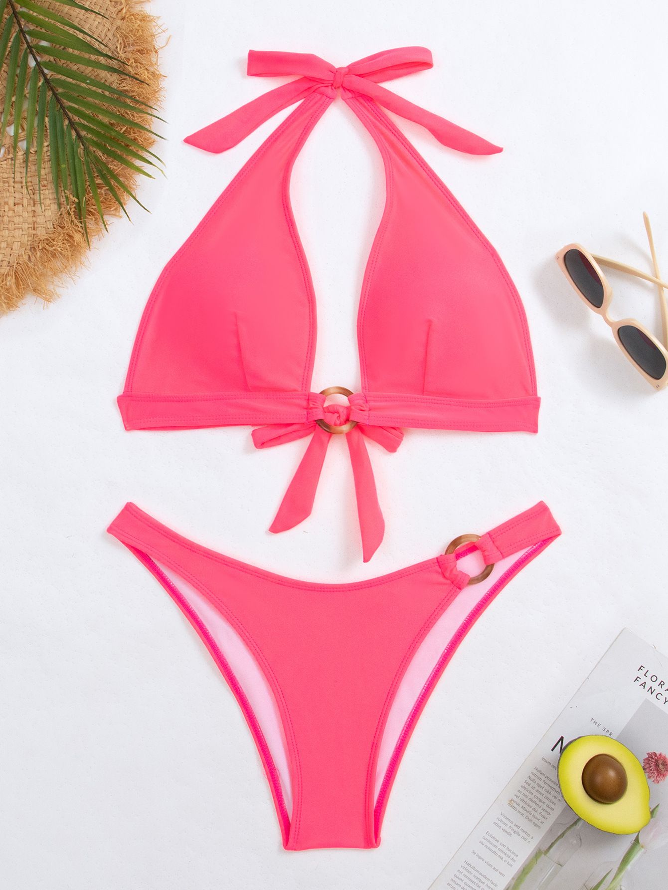 (image for) Solid Neon Pink Halter O‑Ring Two‑Piece Bikini Set Women Swimsuit