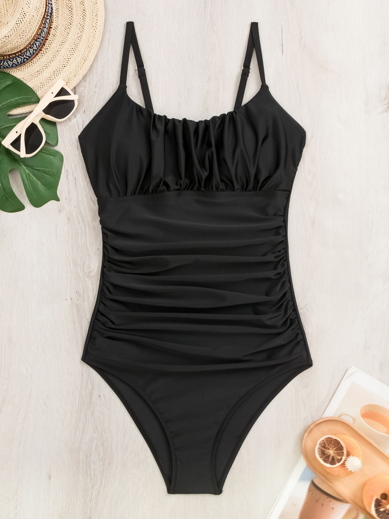 (image for) New Arrival Women One‑Piece Swimsuit Black Ruched Tight Conservative Bathing Suit