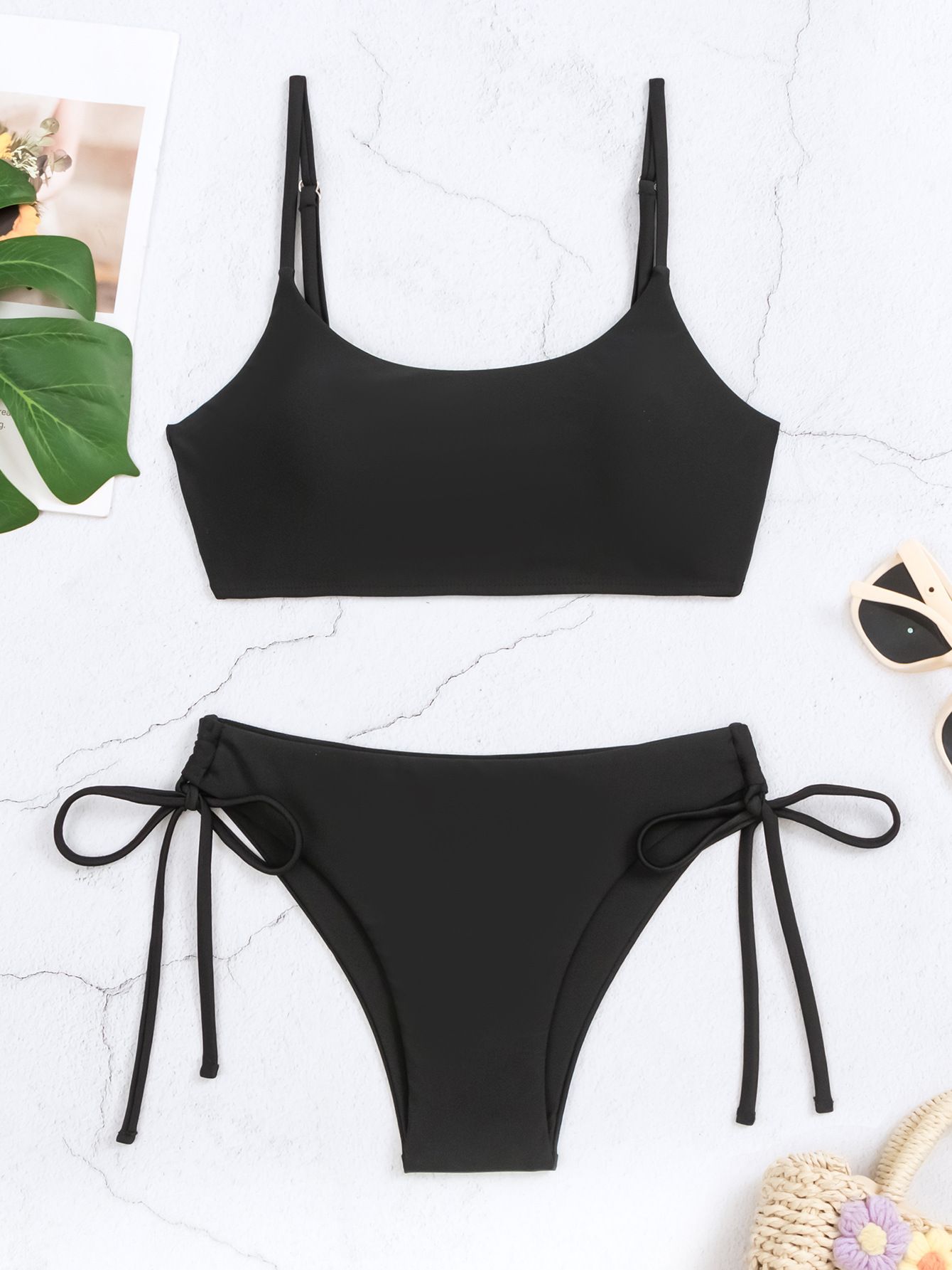 (image for) Solid Black Spaghetti Strap Two‑Piece Bikini Set Side Tie High‑Cut Bottom Women Swimsuit