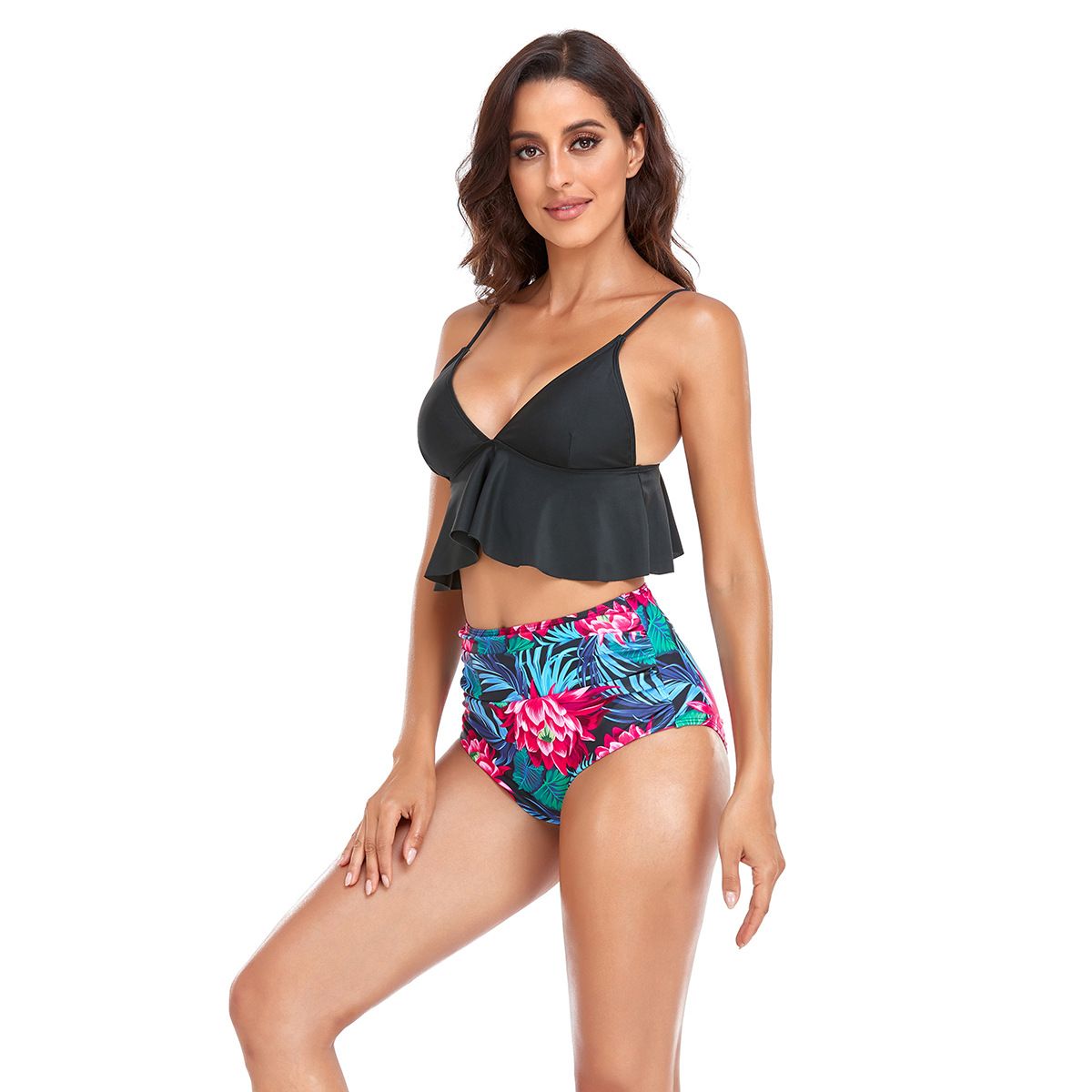 (image for) Women High‑Waist Bikini Set, Ruffled Deep V Neck Two‑Piece Bathing Suit