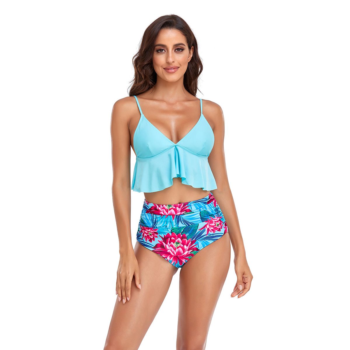 (image for) Women High‑Waist Bikini Set, Ruffled Deep V Neck Two‑Piece Bathing Suit