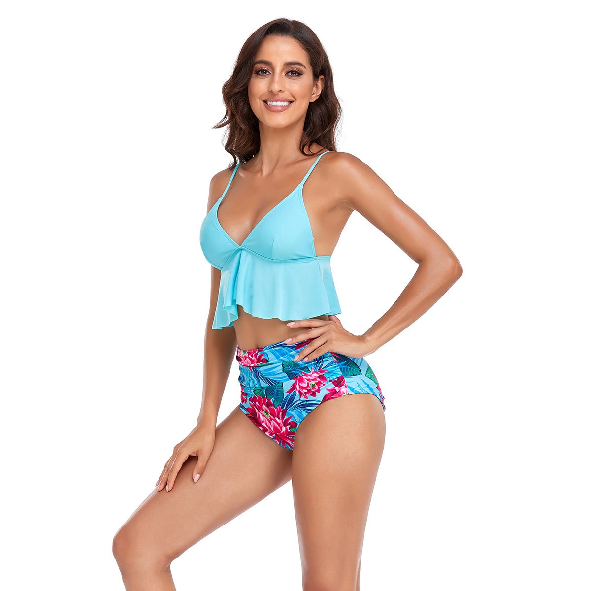 (image for) Women High‑Waist Bikini Set, Ruffled Deep V Neck Two‑Piece Bathing Suit