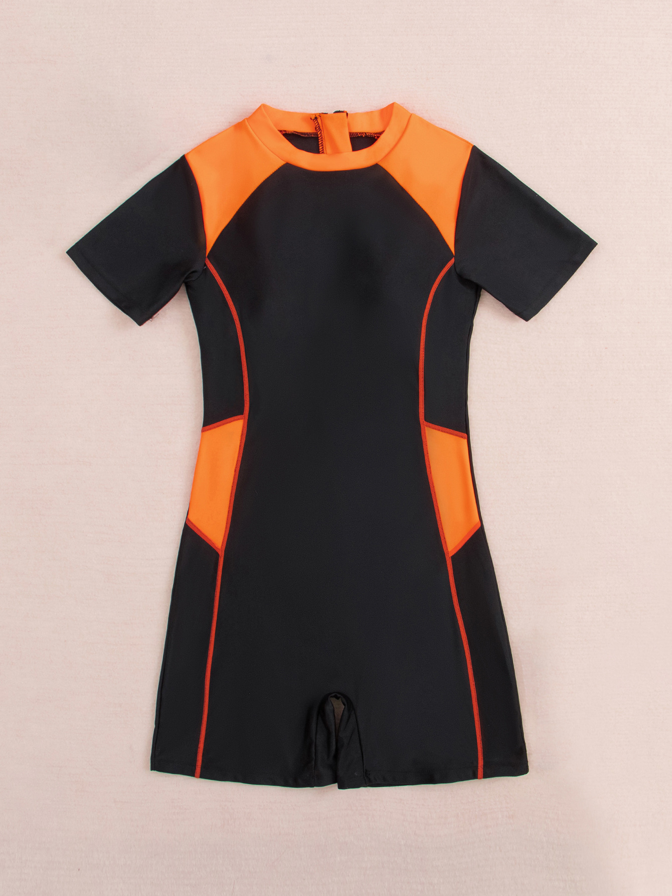 (image for) New Women Short‑Sleeve Color Block Athletic One‑Piece Swimsuit Adult Surfing Wetsuit
