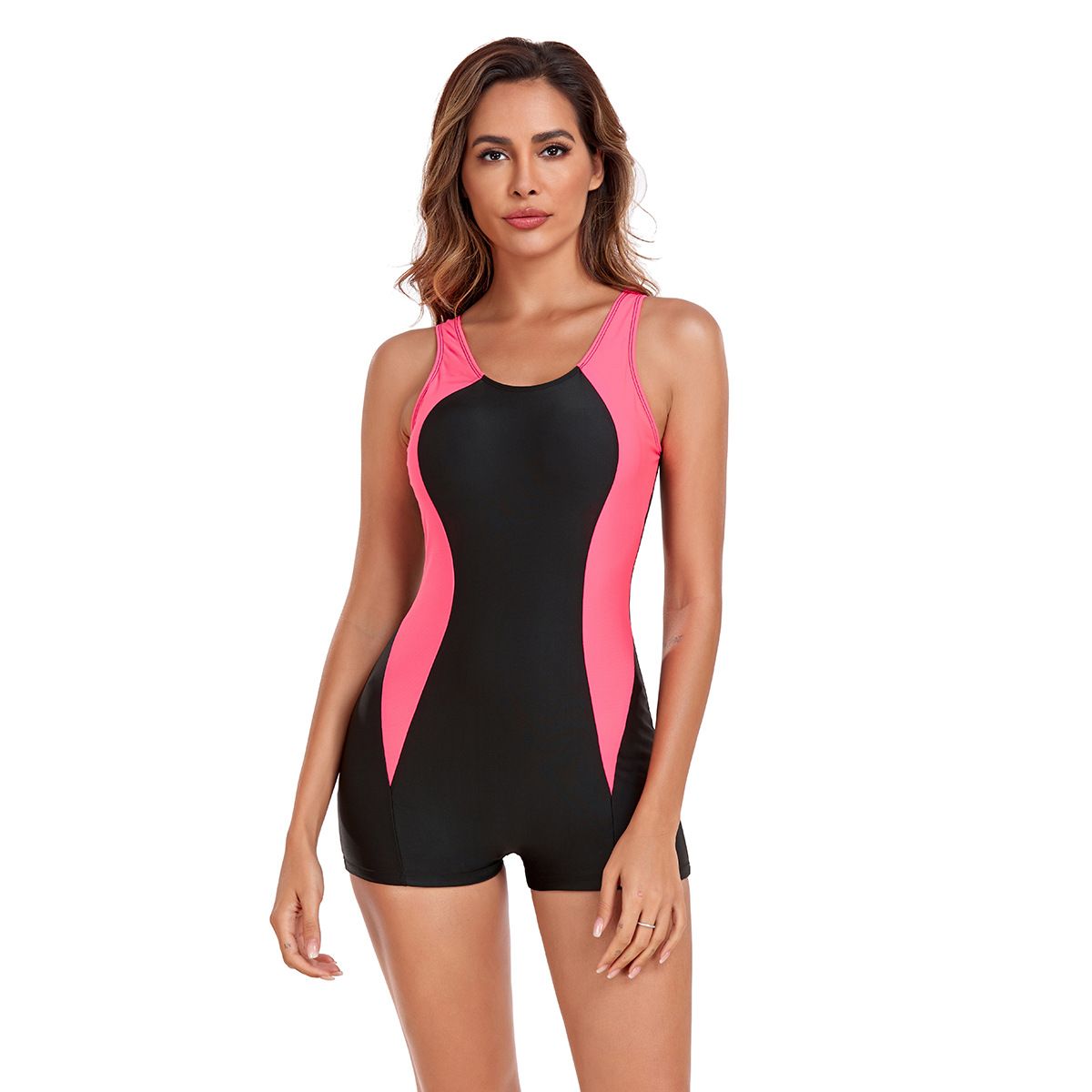 Women's Boy‑Short One‑Piece Athletic Competition Swimsuit Color Block