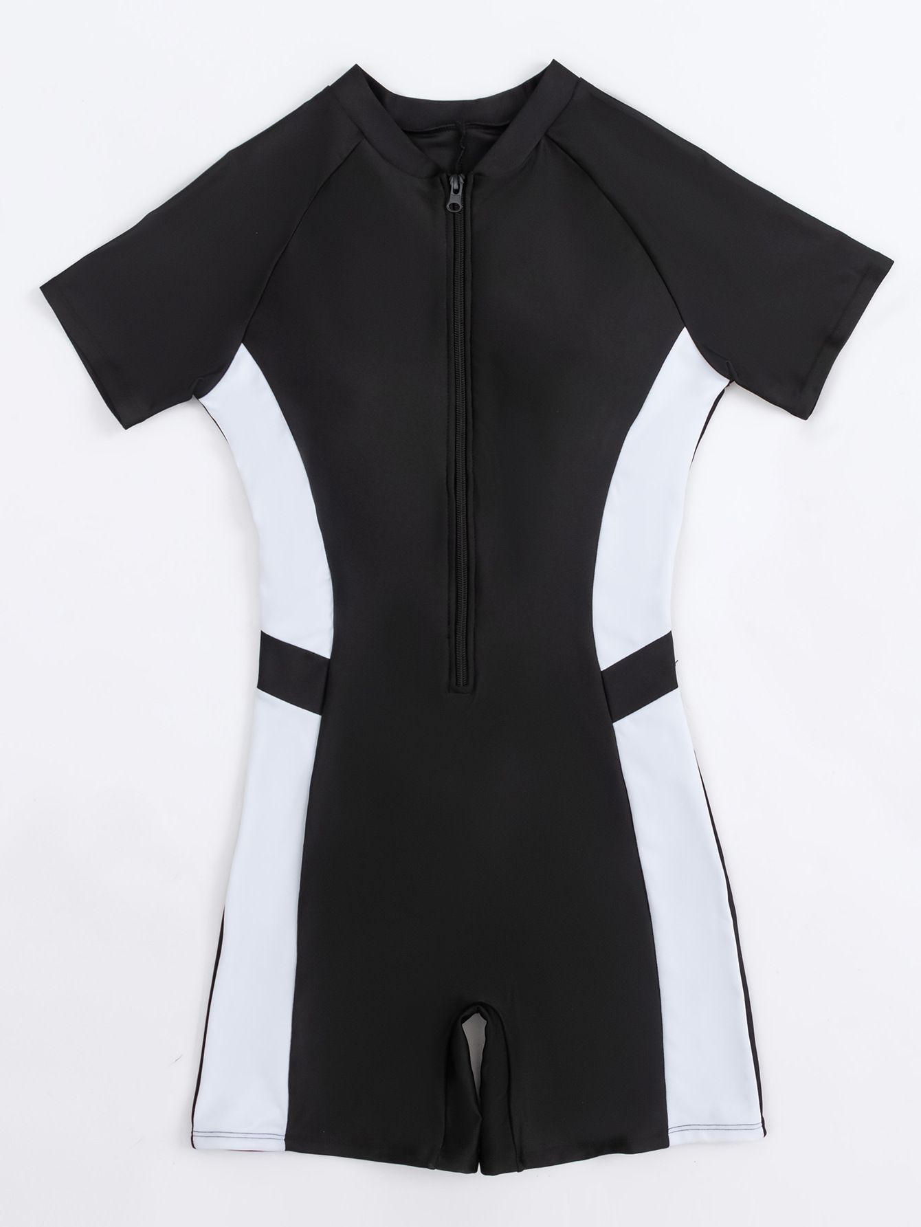 (image for) New Women One‑Piece Swimsuit Color‑Block Conservative Zipper Short Sleeve Bathing Suit