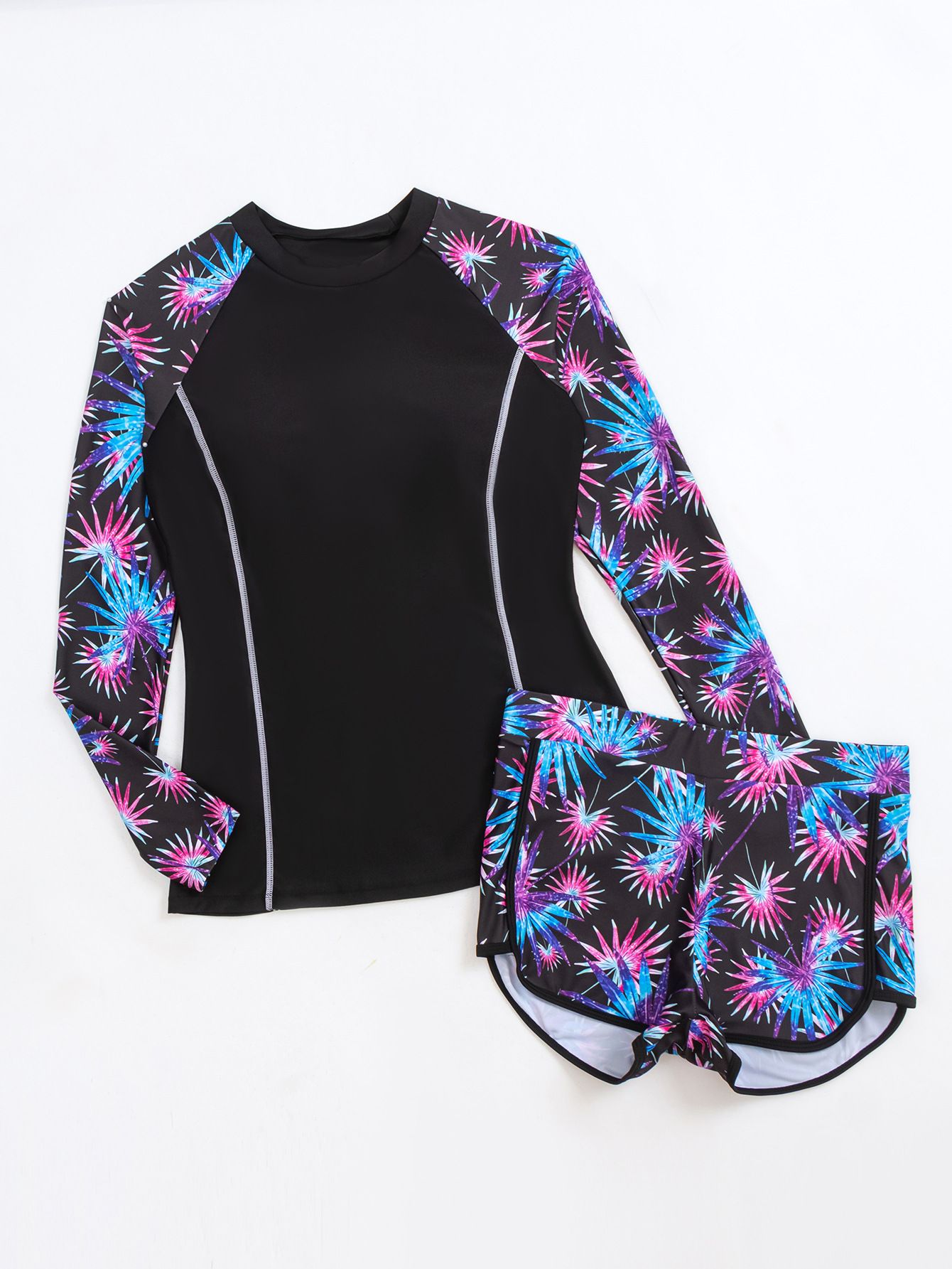 (image for) Long Sleeve Floral Print 2‑Piece Rash Guard Swimsuit Set