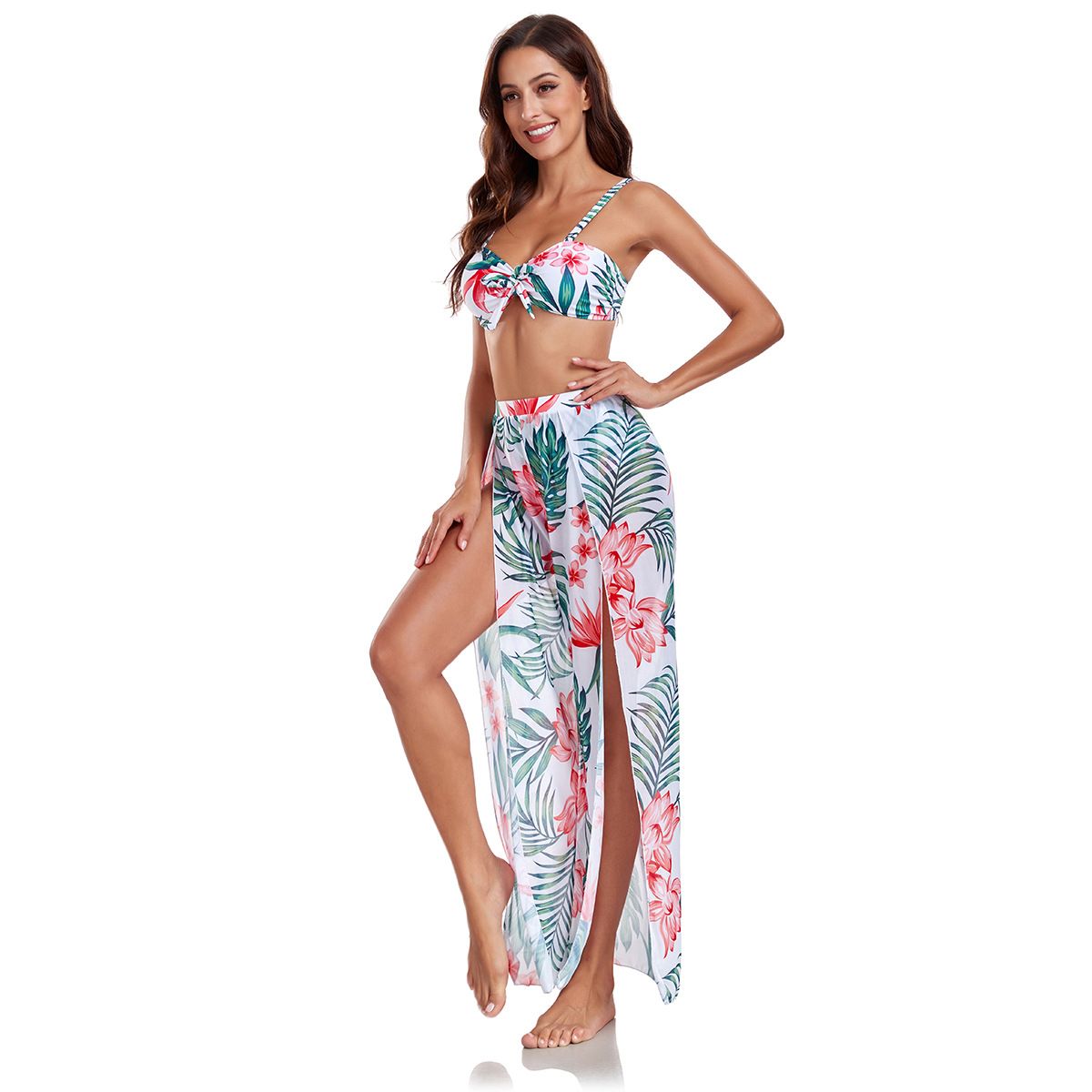 3‑Piece Tropical Floral Print Bikini Set Spaghetti Strap Bow Top with Cover‑Up Pants Women Swimwear (image for) 3‑Piece Tropical Floral Print Bikini Set Spaghetti Strap Bow Top with Cover‑Up Pants Women Swimwear