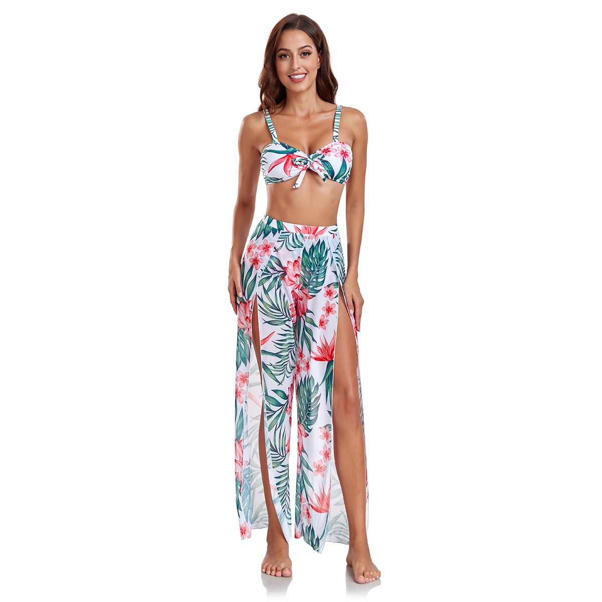 (image for) 3‑Piece Tropical Floral Print Bikini Set Spaghetti Strap Bow Top with Cover‑Up Pants Women Swimwear