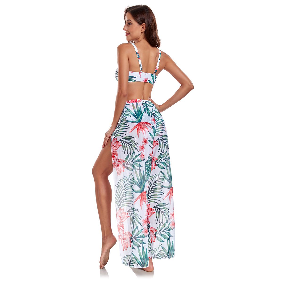 (image for) 3‑Piece Tropical Floral Print Bikini Set Spaghetti Strap Bow Top with Cover‑Up Pants Women Swimwear