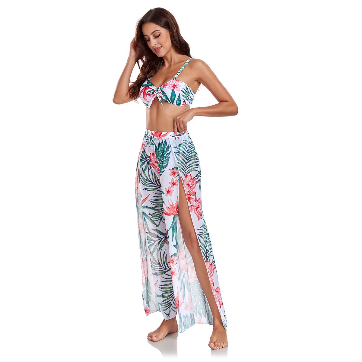 (image for) 3‑Piece Tropical Floral Print Bikini Set Spaghetti Strap Bow Top with Cover‑Up Pants Women Swimwear