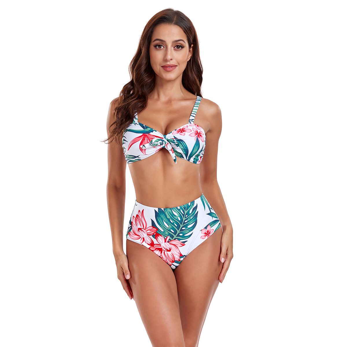 (image for) 3‑Piece Tropical Floral Print Bikini Set Spaghetti Strap Bow Top with Cover‑Up Pants Women Swimwear
