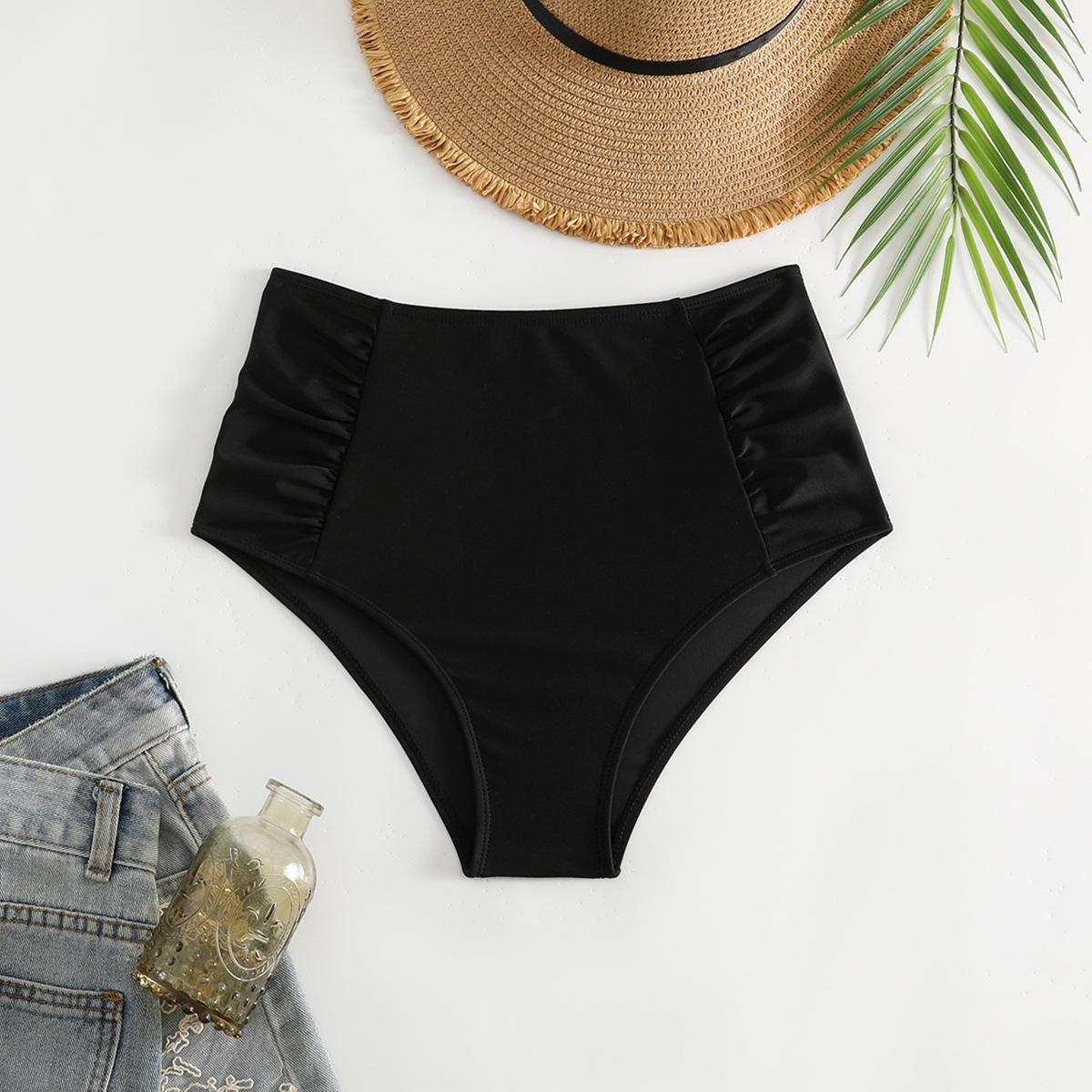 (image for) Women Ruched High Waist Solid Bikini Bottoms, High Stretch Triangle Swim Briefs