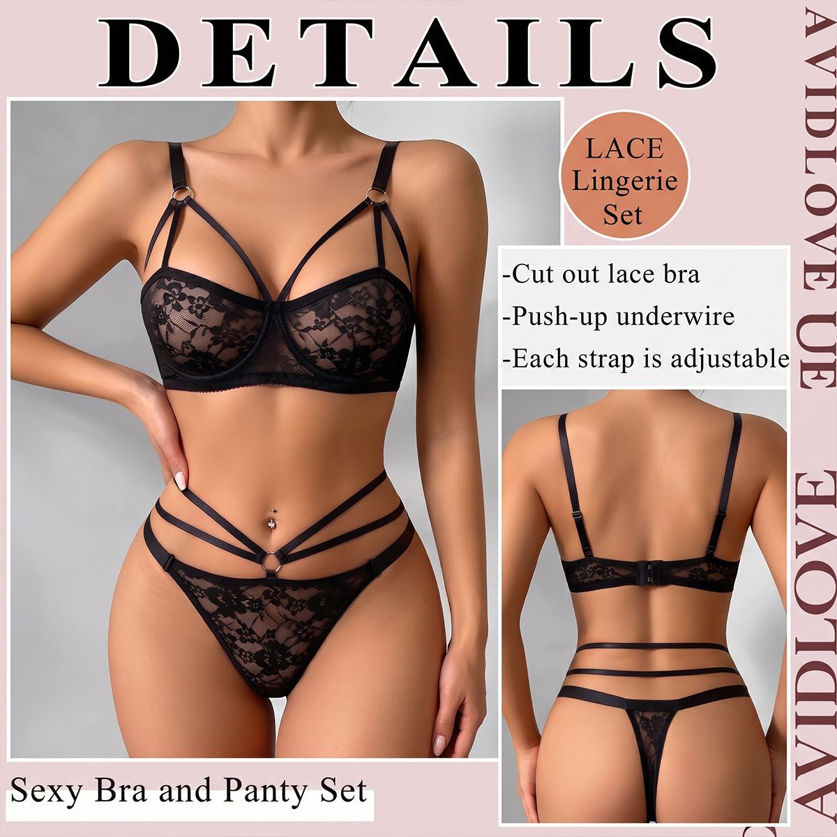 (image for) Women's Strappy Underwire Lace Bra and Panty Set Push Up Bust Lift Side Smoothing Anti Sag Sexy Black Lingerie