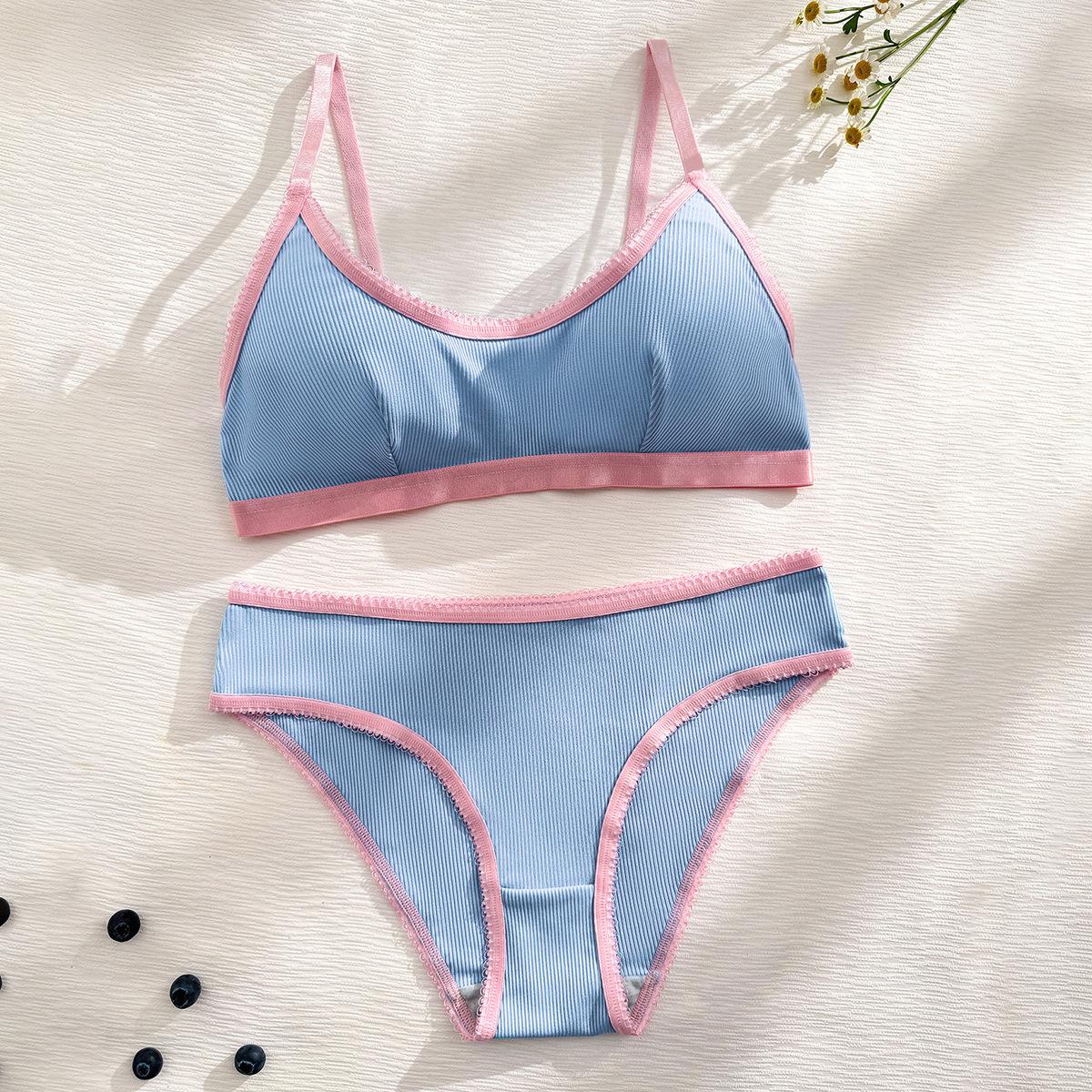 (image for) Women's Ribbed Racerback Bralette and Panty Set Contrast Trim Wireless Ultra-Thin 3/4 Cup Soft Comfort Cami Bra Lingerie Set
