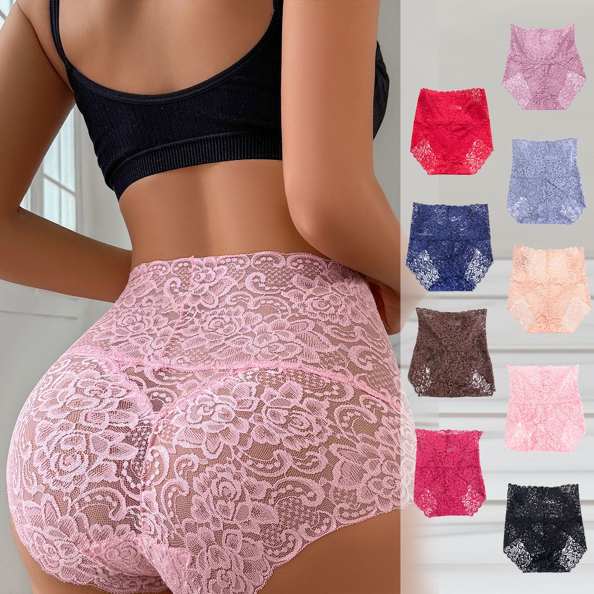 (image for) Women's High Waist Tummy Control Lace Brief Butt Lifting Seamless Waistband Full Coverage Floral Lace Panty with Breathable Cotton Gusset