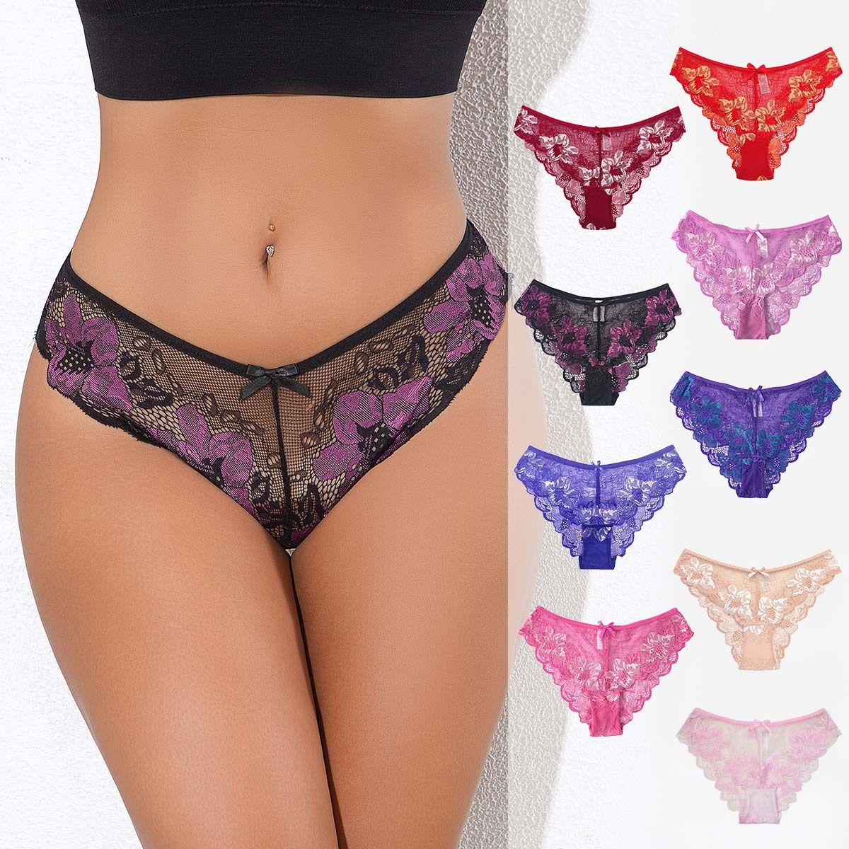 (image for) Women's Low Rise Sheer Mesh Floral Lace Bikini Panty Seamless Waistband Breathable Everyday Intimate Wear
