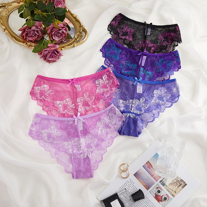 (image for) Women's Low Rise Sheer Mesh Floral Lace Bikini Panty Seamless Waistband Breathable Everyday Intimate Wear