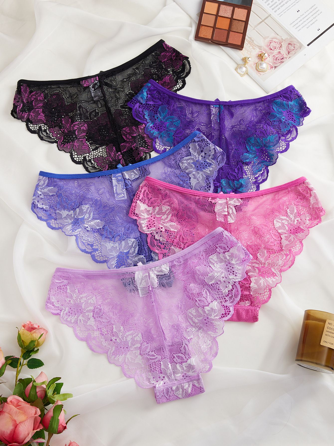 (image for) Women's Low Rise Sheer Mesh Floral Lace Bikini Panty Seamless Waistband Breathable Everyday Intimate Wear