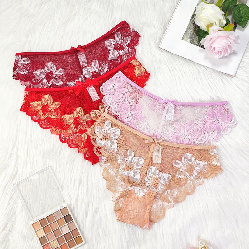 (image for) Women's Low Rise Sheer Mesh Floral Lace Bikini Panty Seamless Waistband Breathable Everyday Intimate Wear