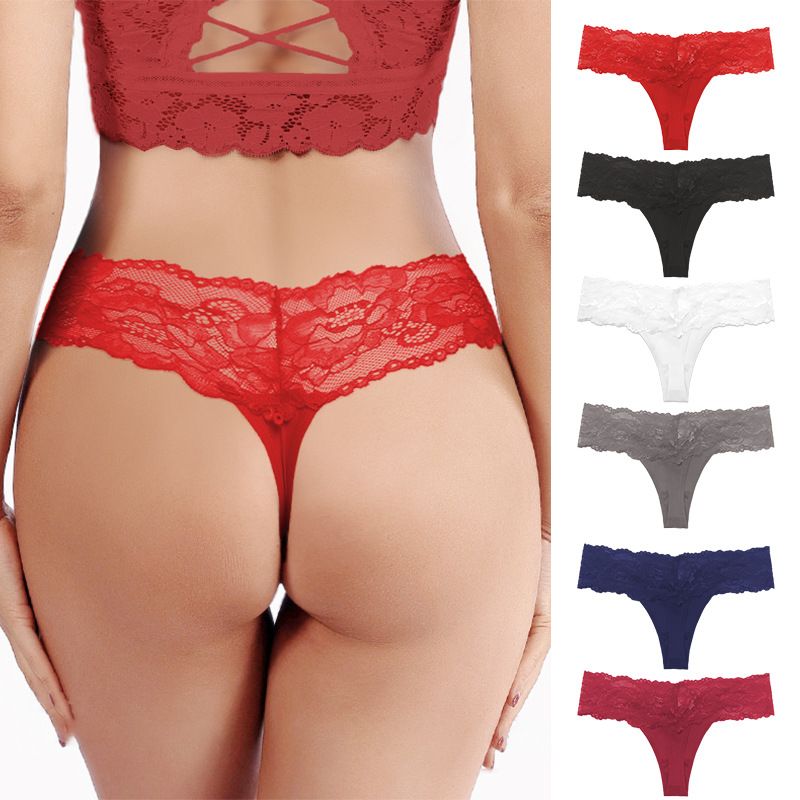 Women's Wide Scalloped Floral Lace Waist Low Rise Thong Breathable Cotton Gusset Seamless Multi-Color Everyday Intimate Panty