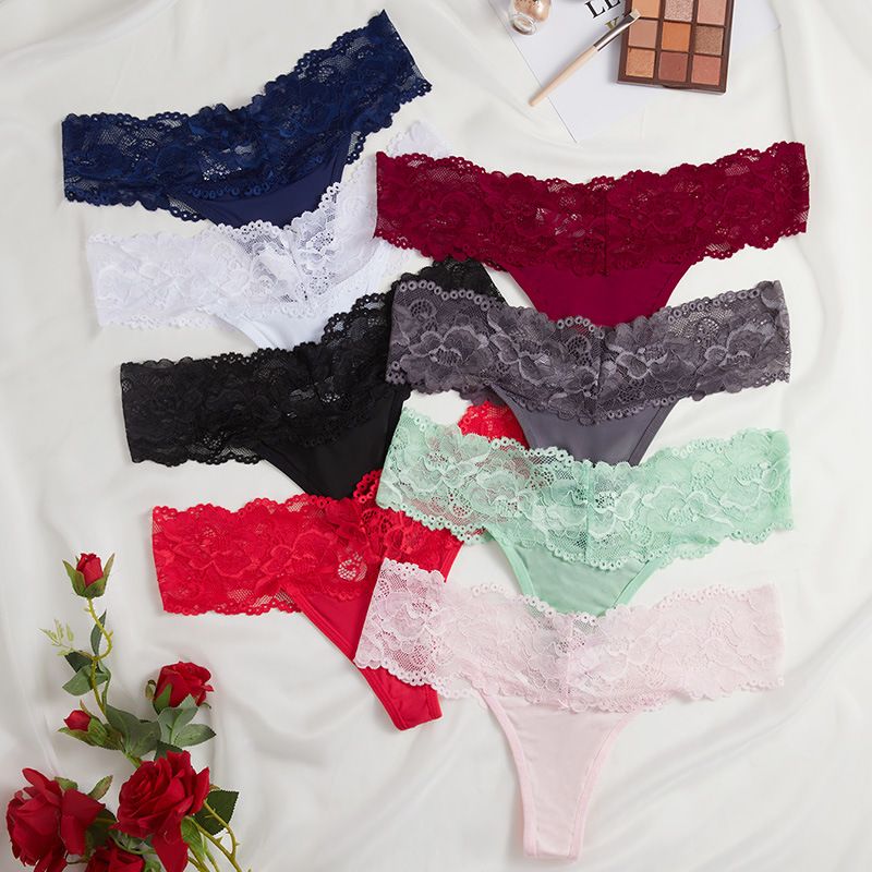 (image for) Women's Wide Scalloped Floral Lace Waist Low Rise Thong Breathable Cotton Gusset Seamless Multi-Color Everyday Intimate Panty