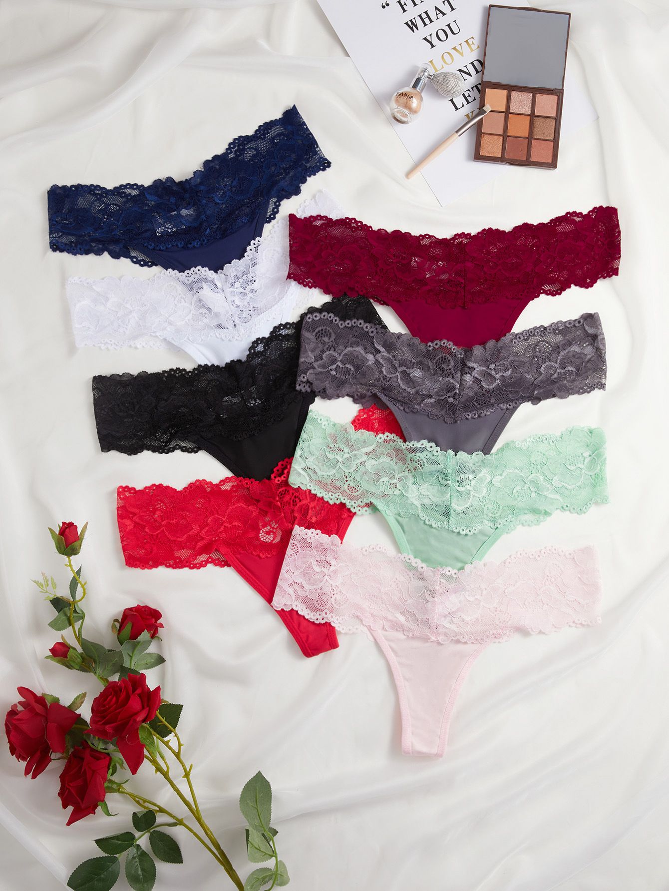 (image for) Women's Wide Scalloped Floral Lace Waist Low Rise Thong Breathable Cotton Gusset Seamless Multi-Color Everyday Intimate Panty