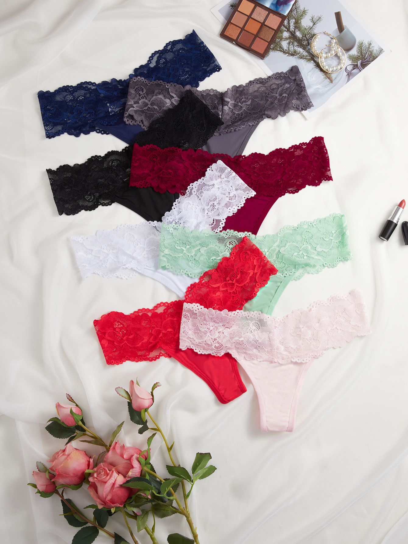 (image for) Women's Wide Scalloped Floral Lace Waist Low Rise Thong Breathable Cotton Gusset Seamless Multi-Color Everyday Intimate Panty
