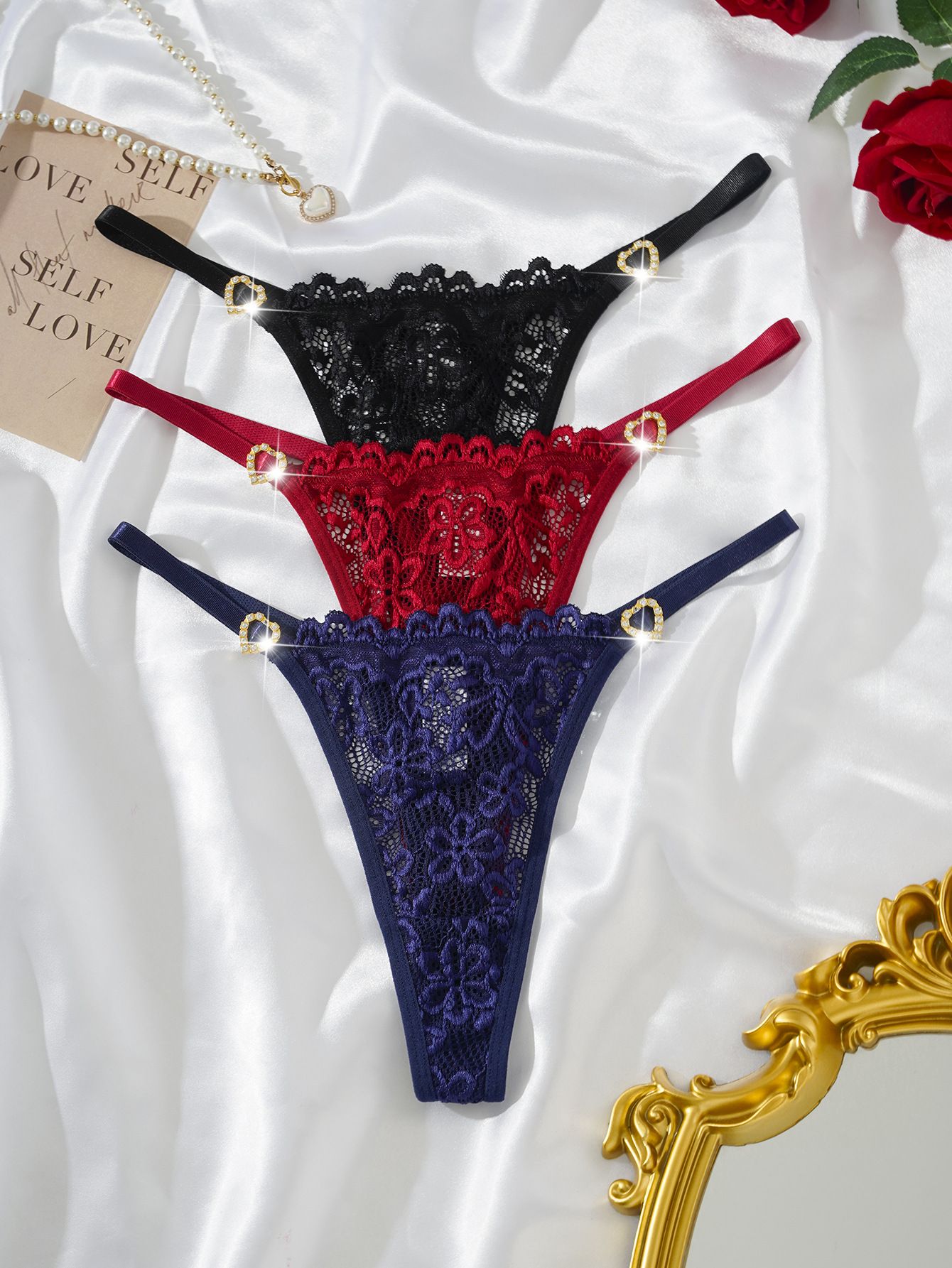 (image for) Women's Adjustable Strap Floral Lace Low Rise Thong Sexy Breathable Cotton Gusset European Size T-Back Intimate Panty