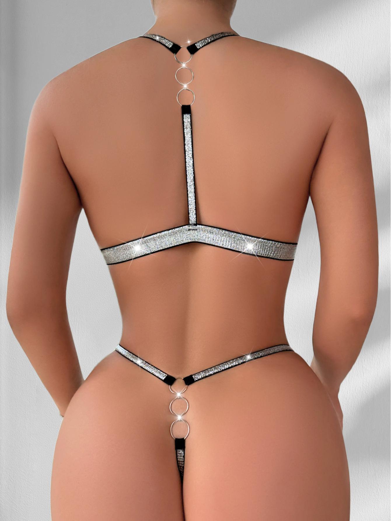 (image for) Women's Rhinestone Trim Wireless Push Up Bikini Lingerie Set Front Closure Halter Strap Sexy Spicy Style Intimate Set