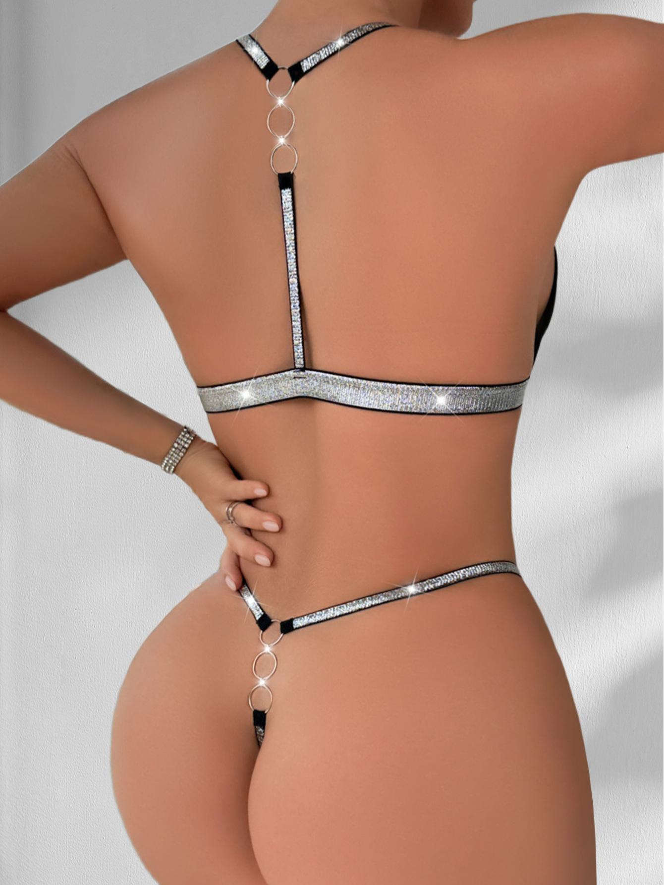 (image for) Women's Rhinestone Trim Wireless Push Up Bikini Lingerie Set Front Closure Halter Strap Sexy Spicy Style Intimate Set