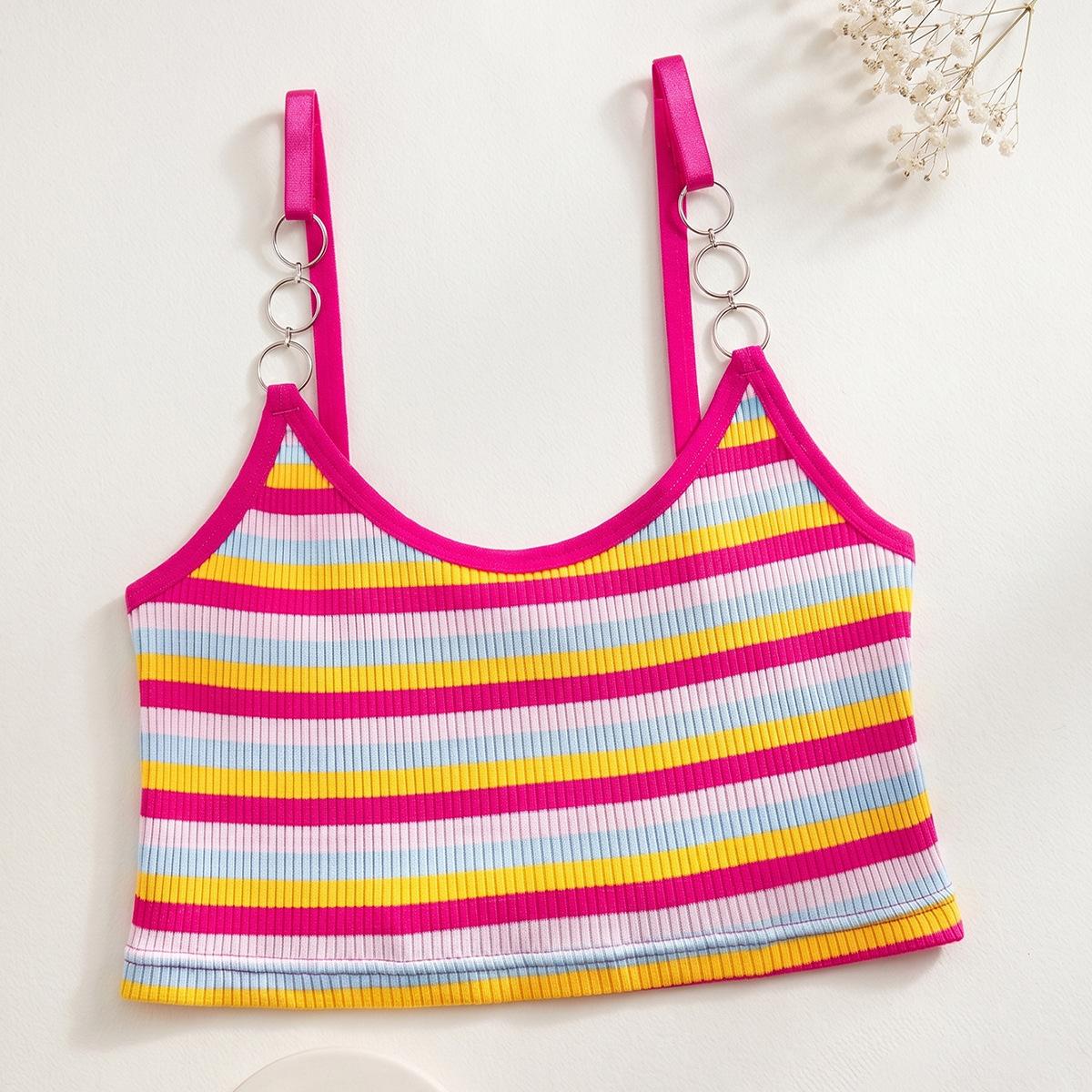 (image for) Women's Rainbow Stripe Spaghetti Strap Crop Cami Top Metal Ring Detail Breathable Summer Outerwear Friendly Ribbed Tank Top