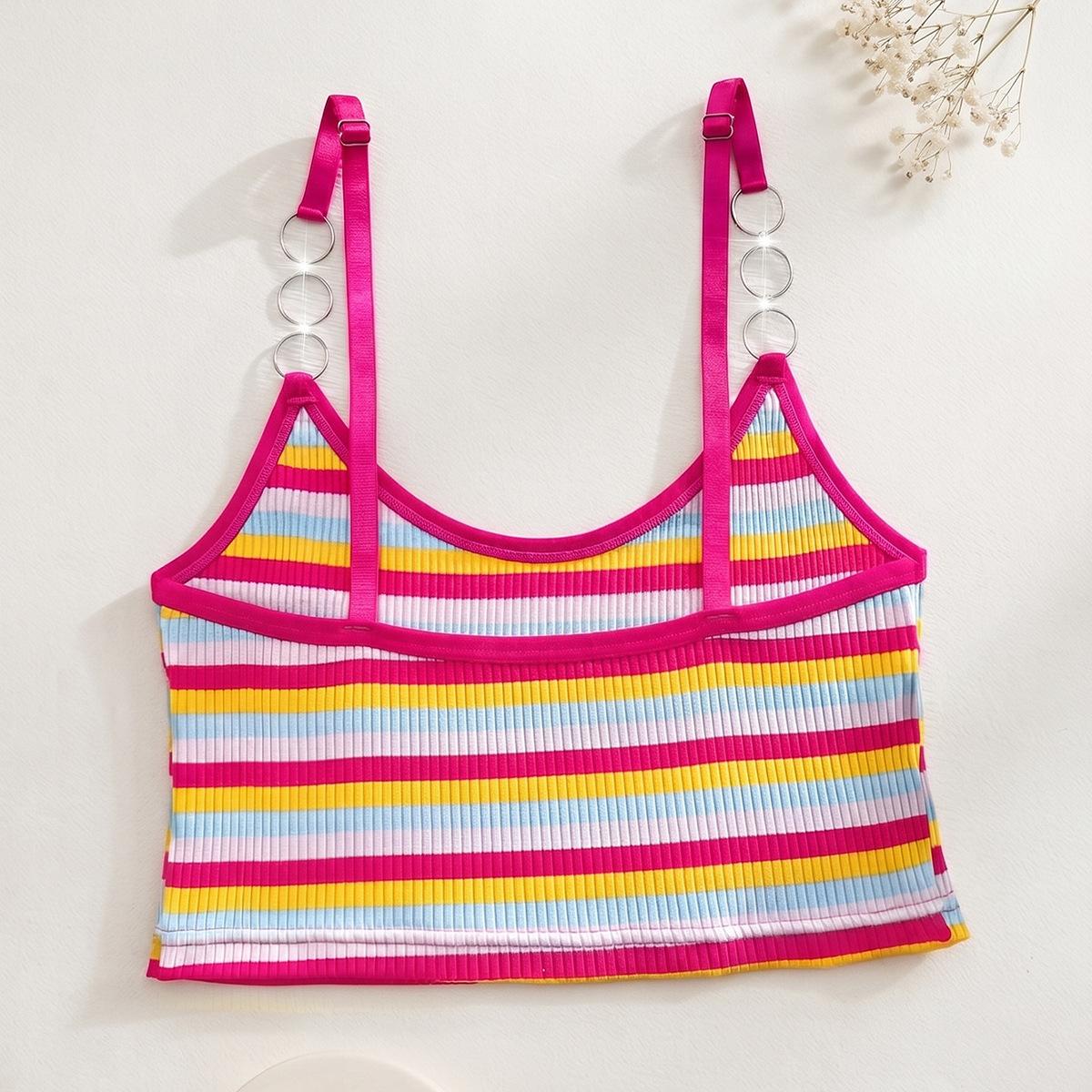 (image for) Women's Rainbow Stripe Spaghetti Strap Crop Cami Top Metal Ring Detail Breathable Summer Outerwear Friendly Ribbed Tank Top