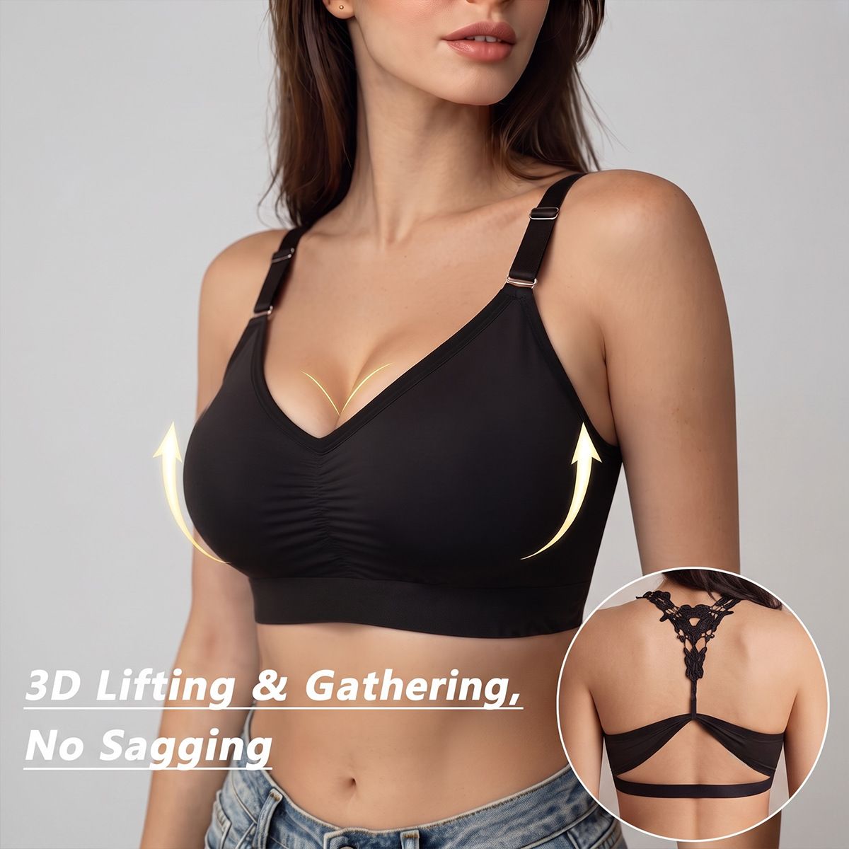 (image for) Women's Lace Racerback Wireless Seamless Bra 3/4 Thin Cup 3D Lifting Gathering Anti-Sagging Side Smoothing Adjustable Everyday Bralette