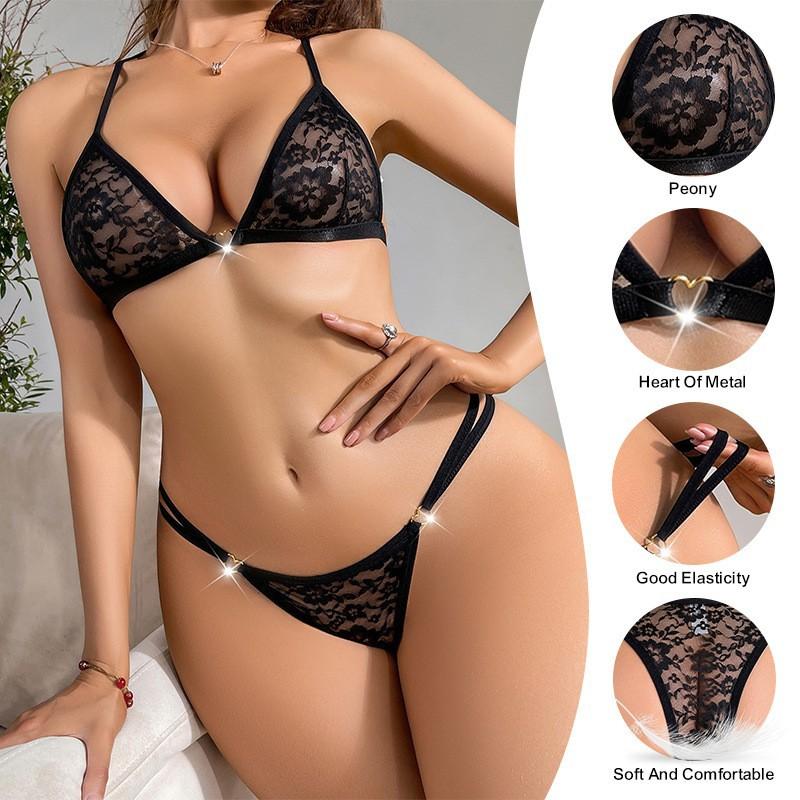 (image for) Women's Wireless Floral Embroidered Lace Strappy Triangle Bralette and Low Rise Thong Set Sheer Sexy Breathable Intimate Lingerie