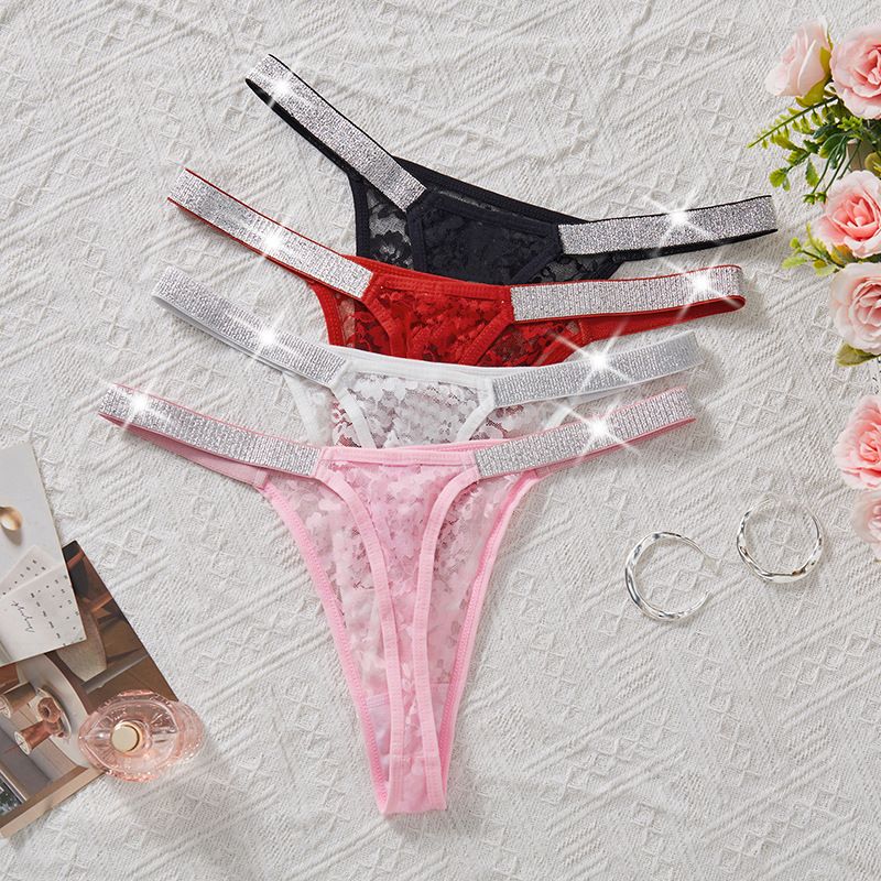 (image for) Women's One-Piece Sheer Lace Low Rise Thong Shiny Thin Strap Quick Dry Knit Breathable Anti-Exposure Intimate Panty