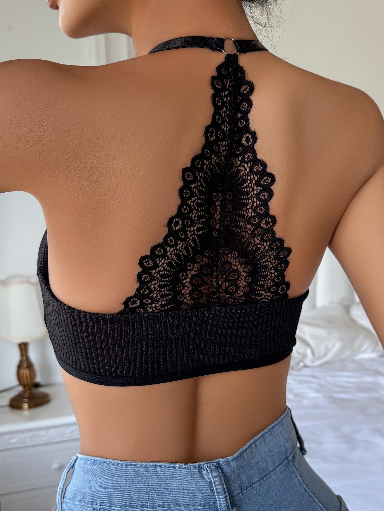 (image for) Women's Lace Racerback Bralette Adjustable Straps Side Breast Containment Wireless Ribbed 3/4 Cup Fashion Everyday Lingerie