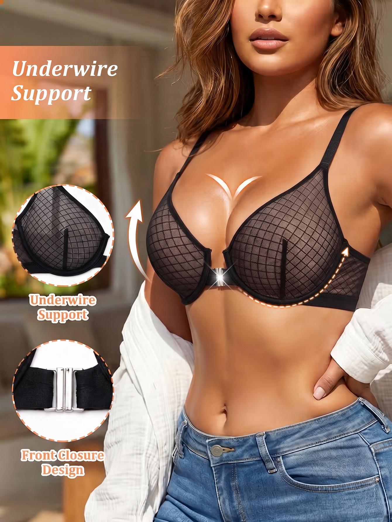 (image for) Women's Front Closure Semi-Underwire 3/4 Ultra-Thin Push Up Bra Mesh Side Smoothing Adjustable Strap Sexy Shaping Everyday Lingerie