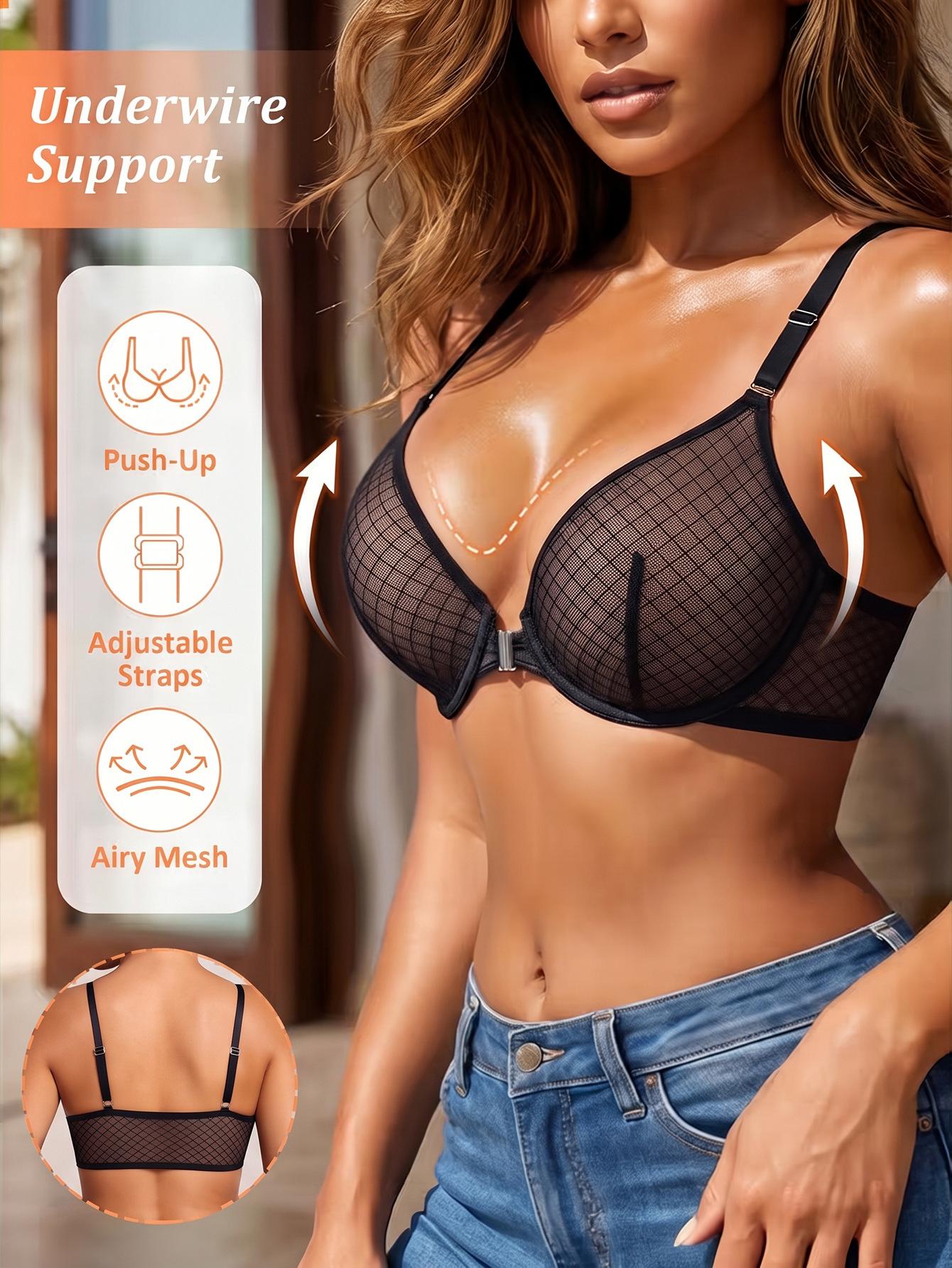 (image for) Women's Front Closure Semi-Underwire 3/4 Ultra-Thin Push Up Bra Mesh Side Smoothing Adjustable Strap Sexy Shaping Everyday Lingerie