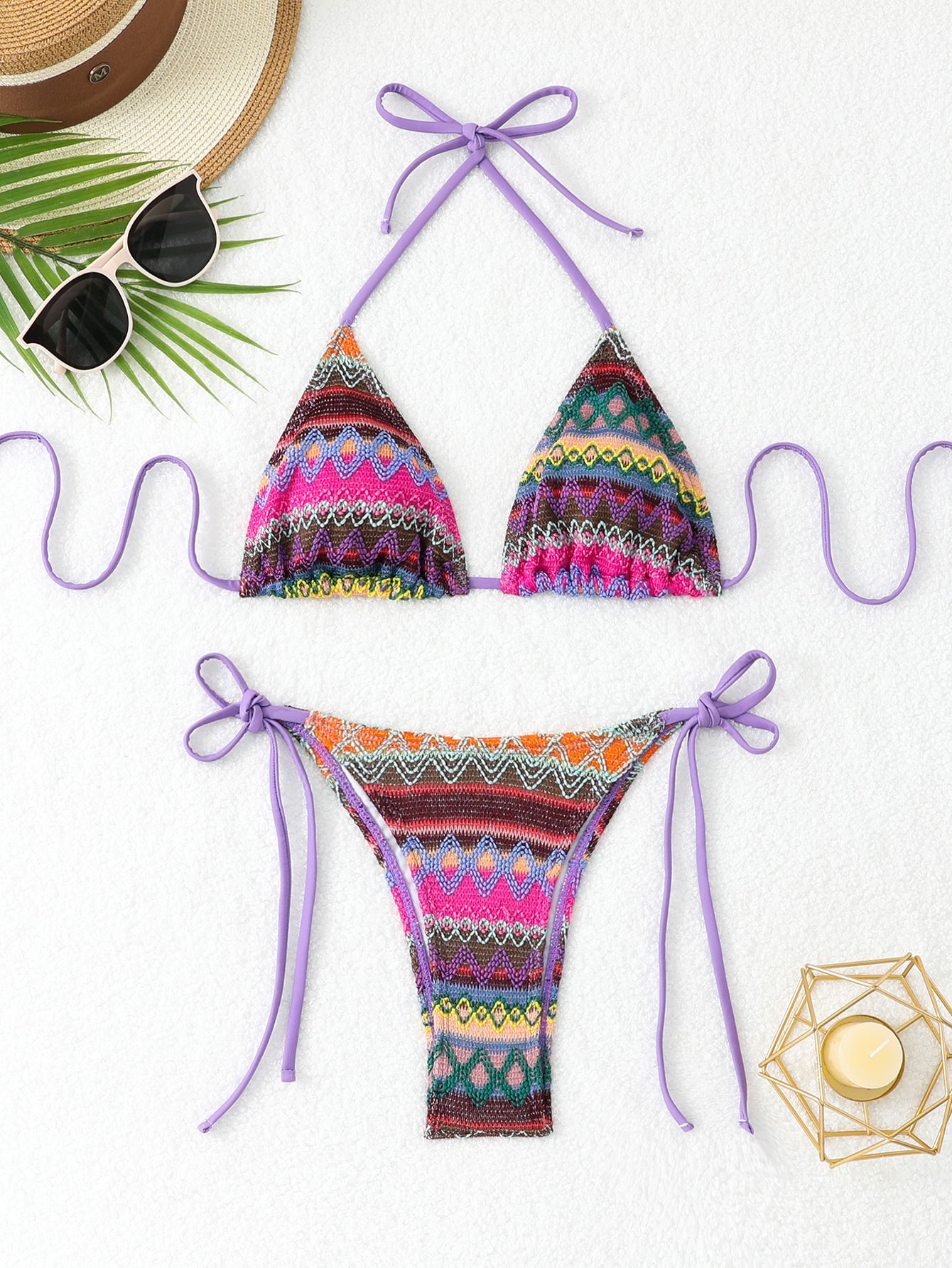 (image for) Women's 2026 Geometric Pattern Tie Side Triangle Bikini Set Padded Wirefree Halter Neck Beach Vacation Two Piece Swimwear