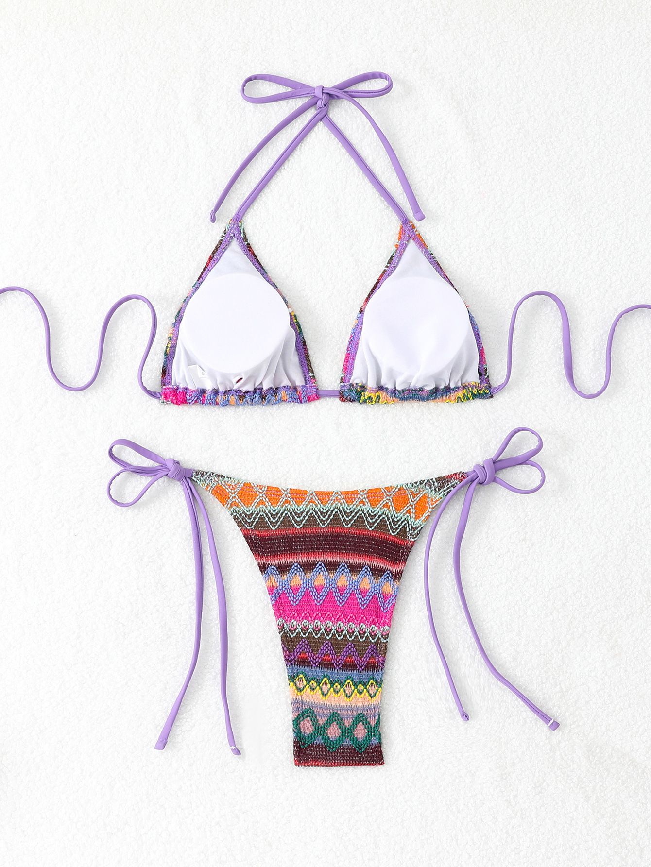 (image for) Women's 2026 Geometric Pattern Tie Side Triangle Bikini Set Padded Wirefree Halter Neck Beach Vacation Two Piece Swimwear