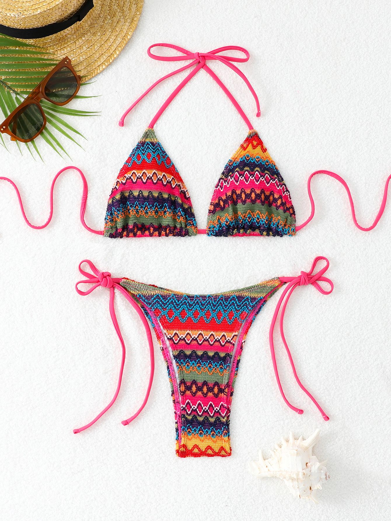 (image for) Women's 2026 Geometric Pattern Tie Side Triangle Bikini Set Padded Wirefree Halter Neck Beach Vacation Two Piece Swimwear