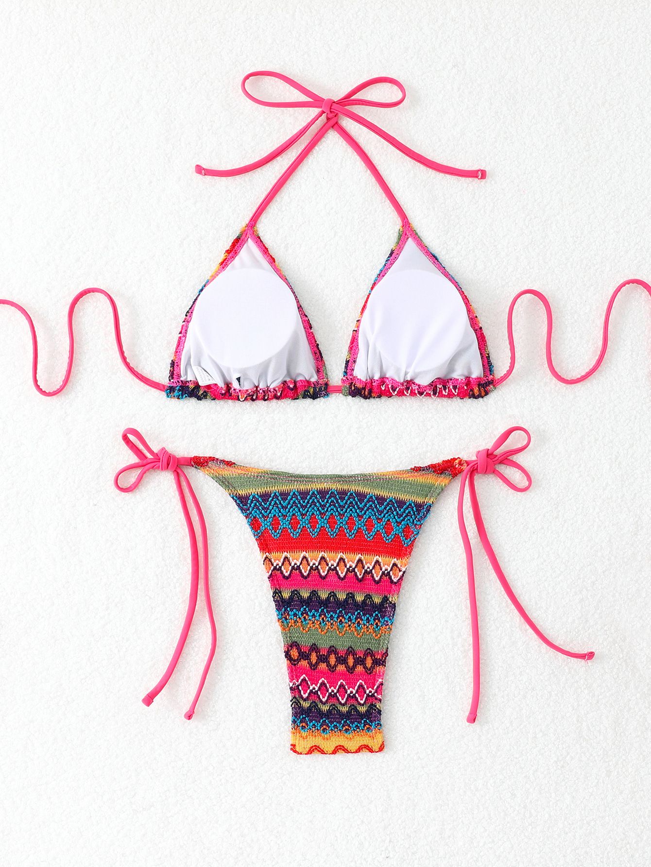 (image for) Women's 2026 Geometric Pattern Tie Side Triangle Bikini Set Padded Wirefree Halter Neck Beach Vacation Two Piece Swimwear