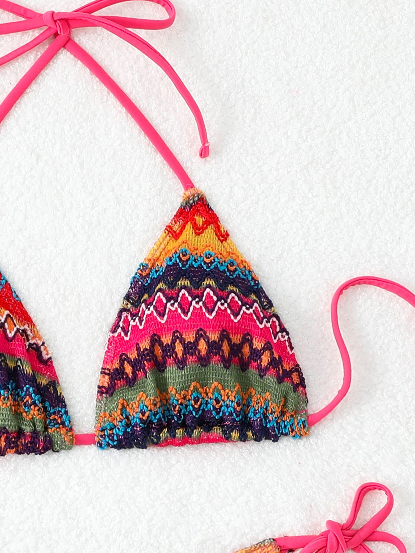 (image for) Women's 2026 Geometric Pattern Tie Side Triangle Bikini Set Padded Wirefree Halter Neck Beach Vacation Two Piece Swimwear