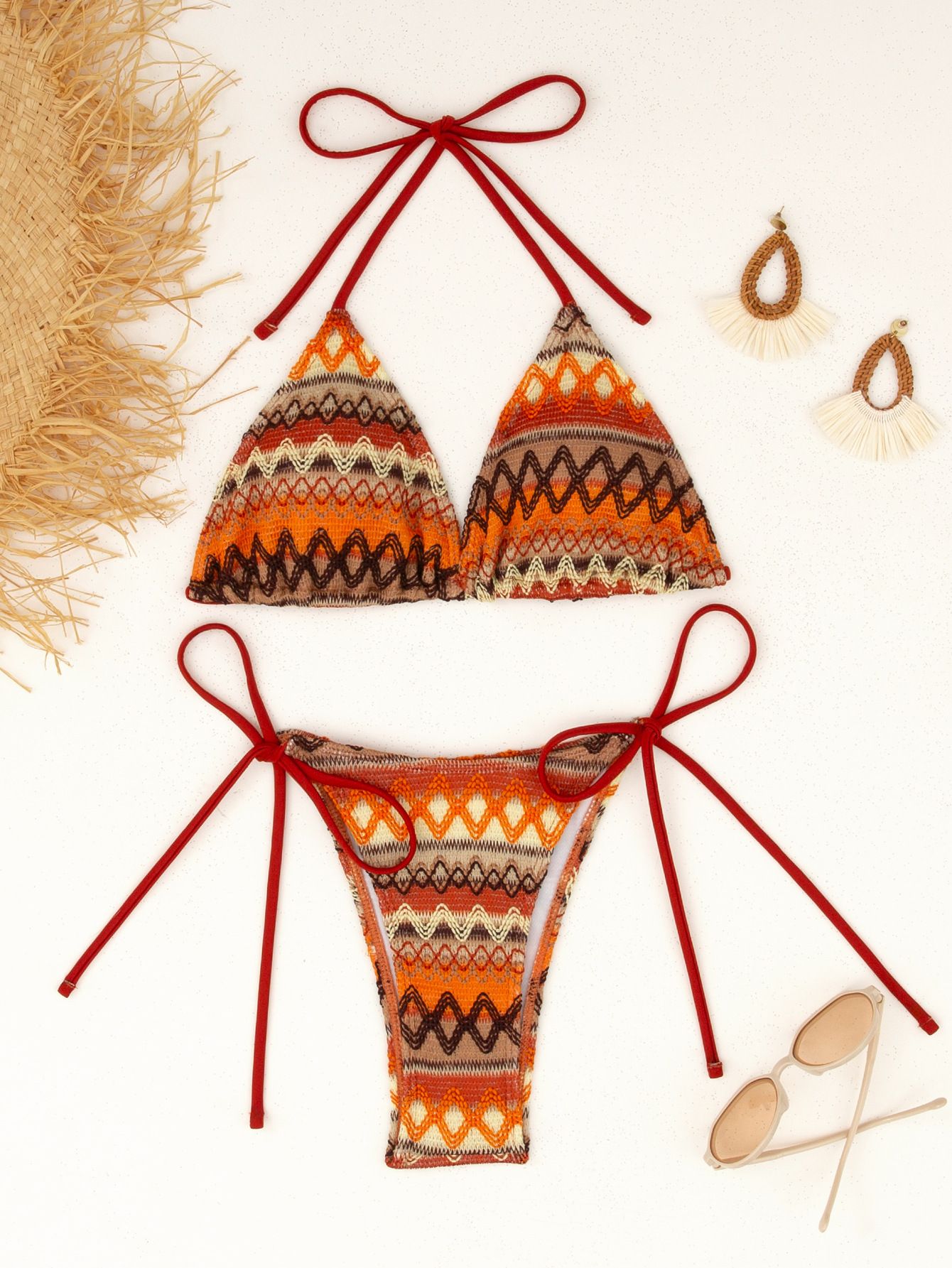 (image for) Women's 2026 Geometric Pattern Tie Side Triangle Bikini Set Padded Wirefree Halter Neck Beach Vacation Two Piece Swimwear