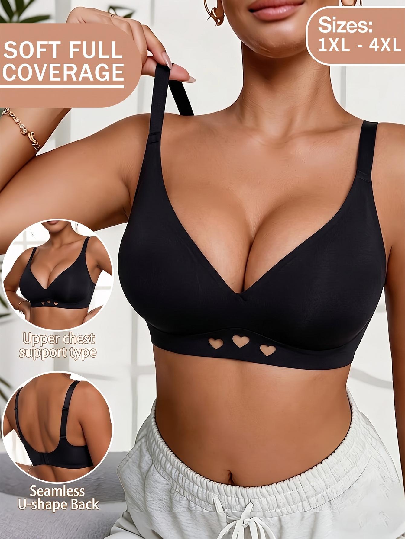 (image for) Women's Plus Size Wireless 3/4 Thin Cup Bra Side Smoothing Anti Sag Push Up U-Shape Back Heart Cutout Full Figure Comfort Bra