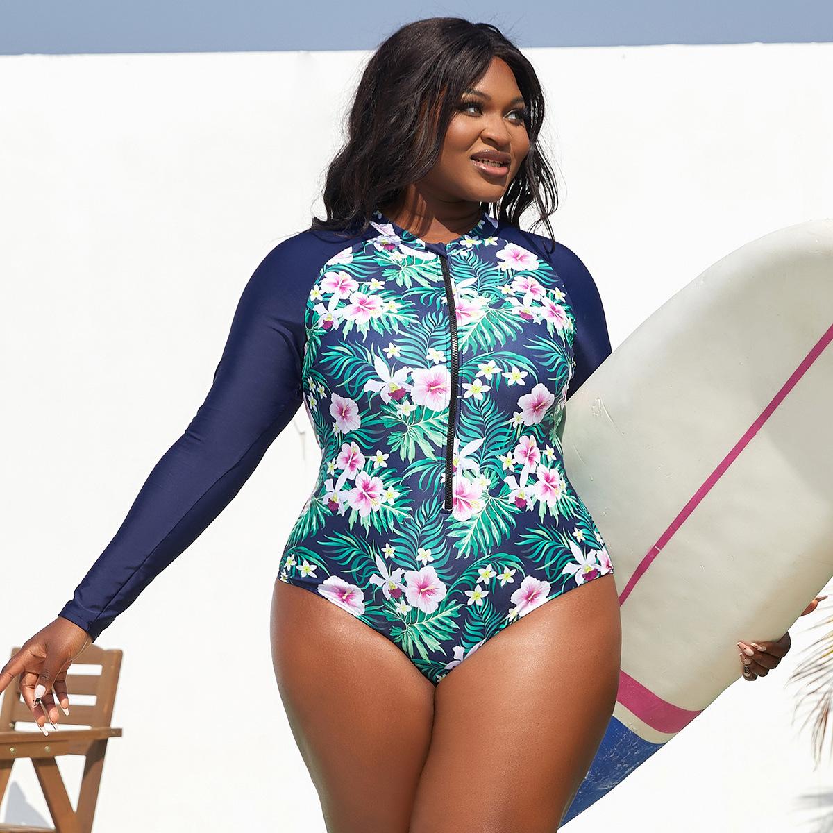 (image for) Women Curvy Plus Size Long Sleeve Floral Print One Piece Rash Guard Swimsuit, Zip Front Modest Surf Bathing Suit