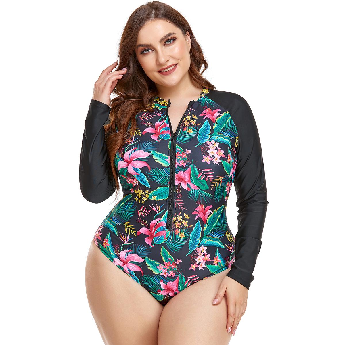(image for) Women Curvy Plus Size Long Sleeve Floral Print One Piece Rash Guard Swimsuit, Zip Front Modest Surf Bathing Suit