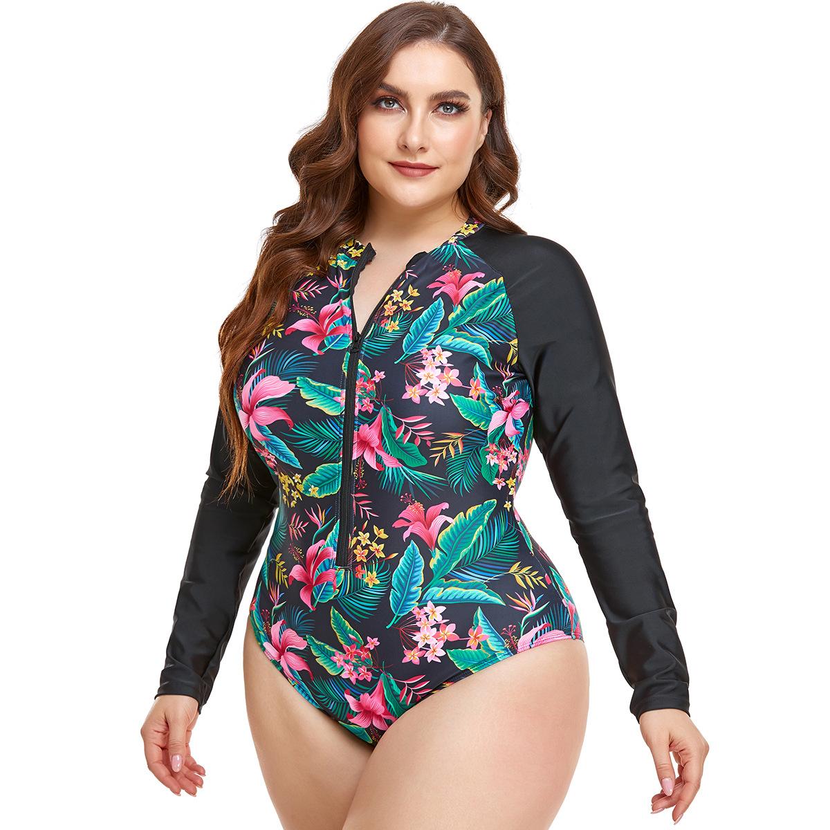 (image for) Women Curvy Plus Size Long Sleeve Floral Print One Piece Rash Guard Swimsuit, Zip Front Modest Surf Bathing Suit