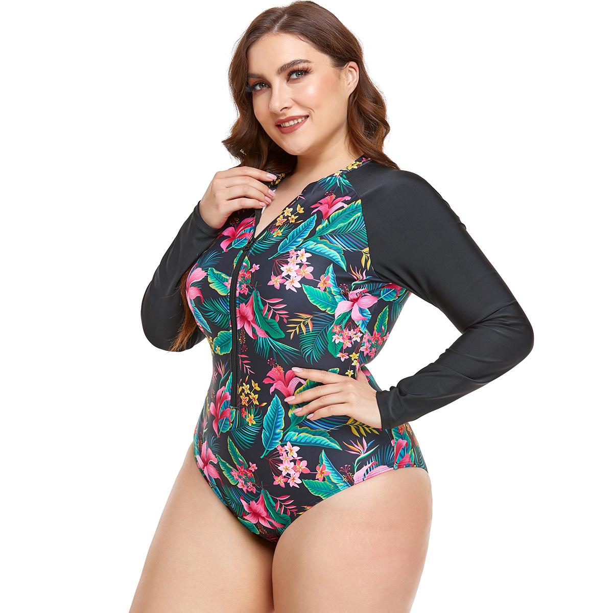 (image for) Women Curvy Plus Size Long Sleeve Floral Print One Piece Rash Guard Swimsuit, Zip Front Modest Surf Bathing Suit