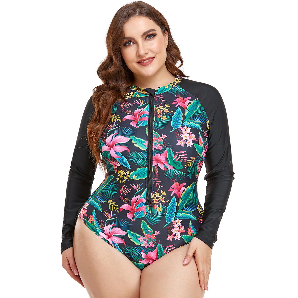 (image for) Women Curvy Plus Size Long Sleeve Floral Print One Piece Rash Guard Swimsuit, Zip Front Modest Surf Bathing Suit